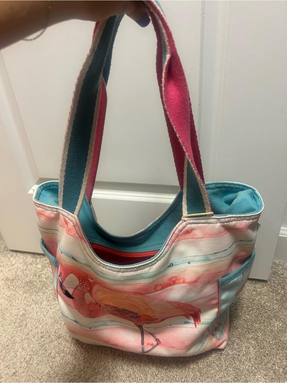 Canvas Flamingo Tote Bag in Pink and Teal